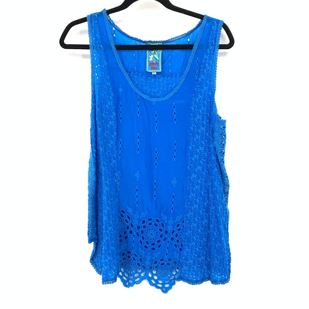 Johnny Was Tank Top Womens L Blue Eyelet Embroidered Cutwork Lace Boho Tunic